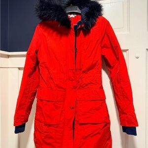 Boden Red Hooded Puffer Coat with Faux Fur Trim